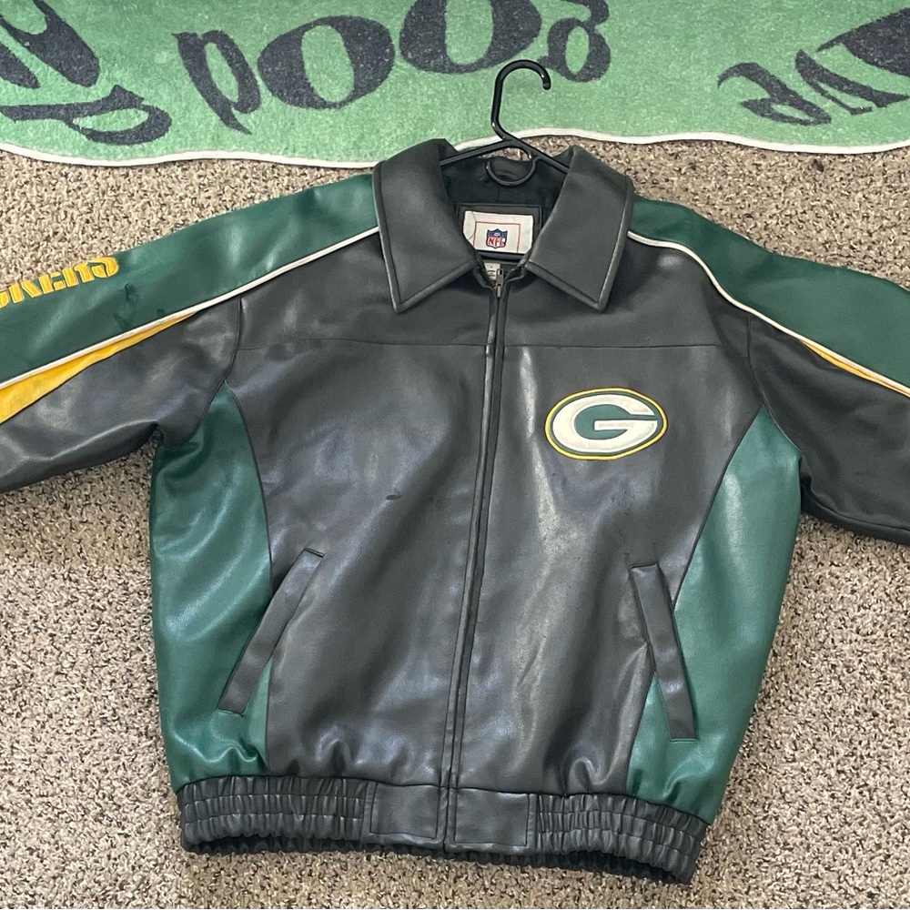 NFL Green Bay Packers Black & Green Leather Bomber Jacket with Yellow Accents